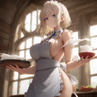 Medium hair, Wavy hair, Indoor, Side boob, Masterpiece, Naked apron